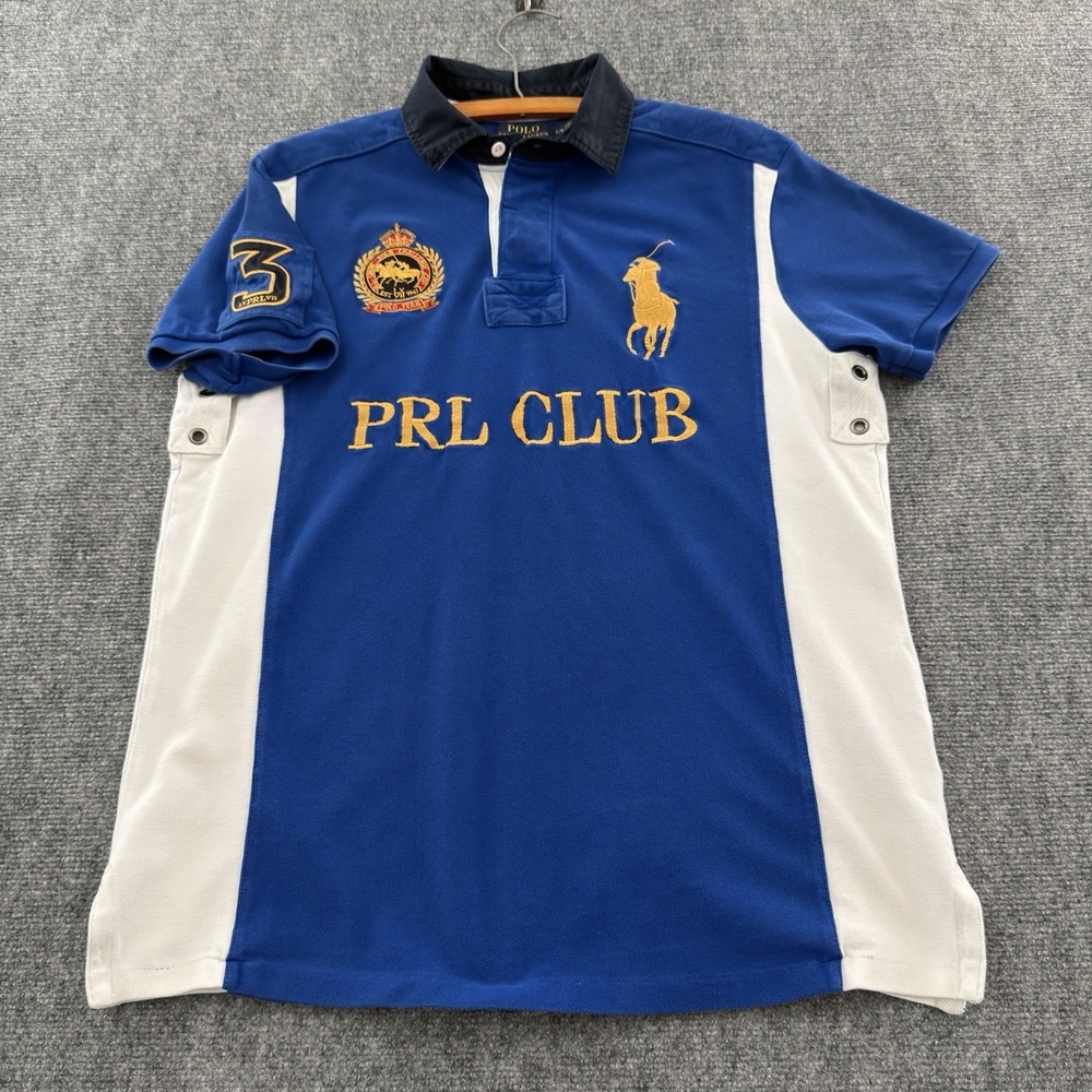 Polo Ralph Lauren Mens Large Blue Rugby Shirt PRL Club Embroidery Crest Patch